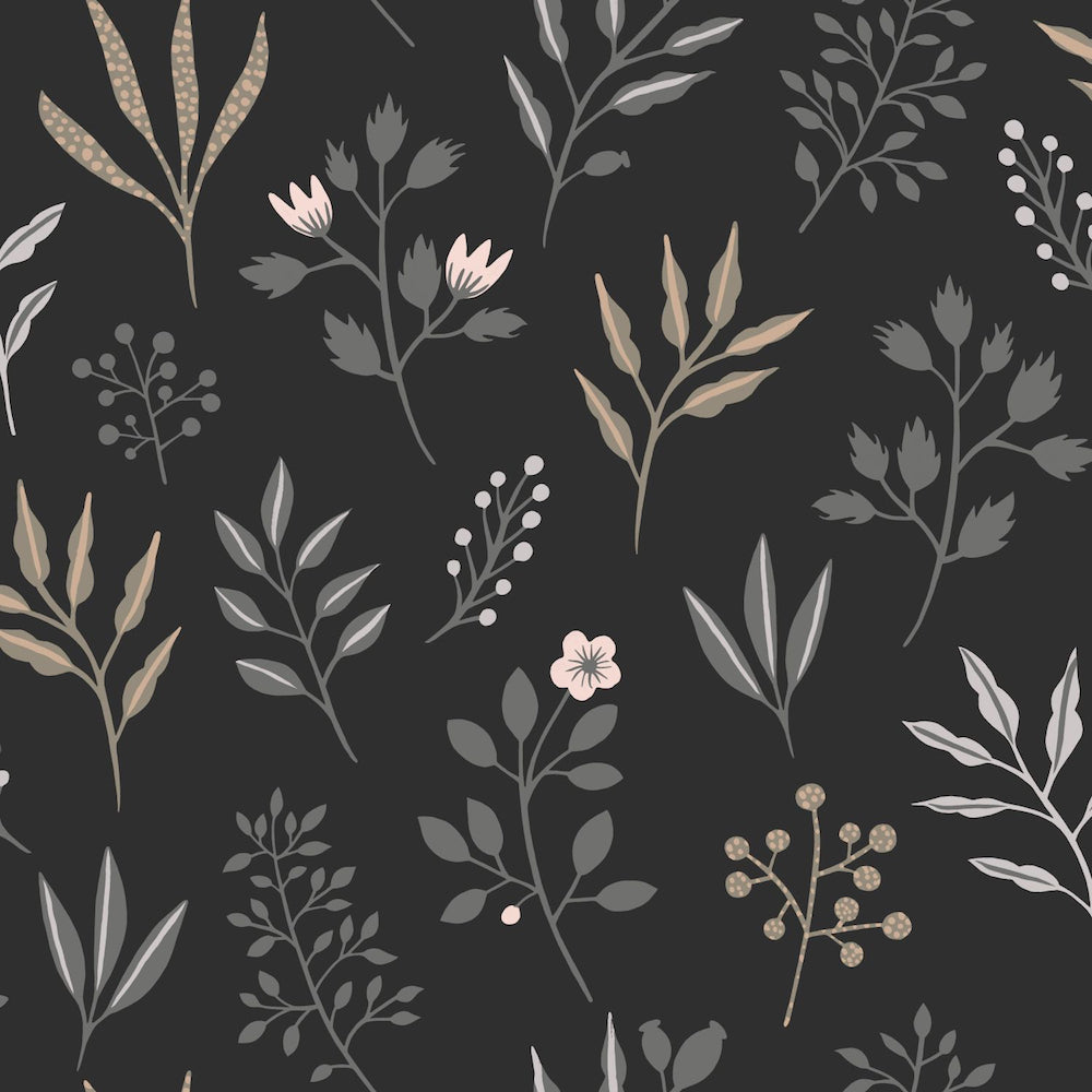 Vintage Flowers - Scandi Florals botanical wallpaper Esta Roll Black  139083