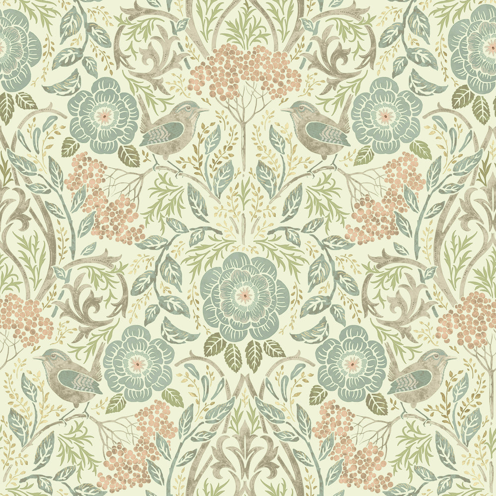 Vintage Flowers - Vintage Birds botanical wallpaper Esta Roll Light Green  139323