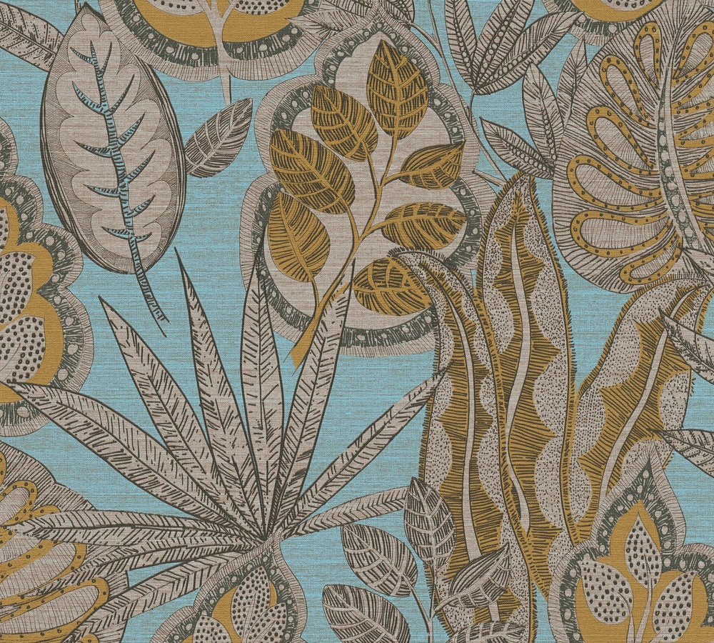 Famous Garden - Exotic Leaves botanical wallpaper AS Creation Roll Blue  393464