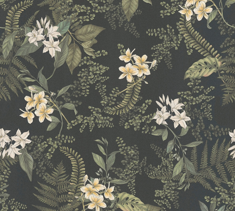 Drawn Into Nature - Flowers & Ferns botanical wallpaper AS Creation Roll Black  394244