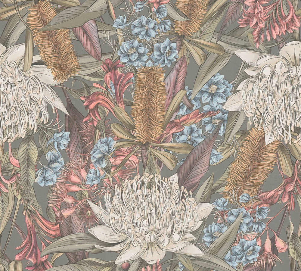 Drawn Into Nature - Flower Power botanical wallpaper AS Creation Roll Grey  394283