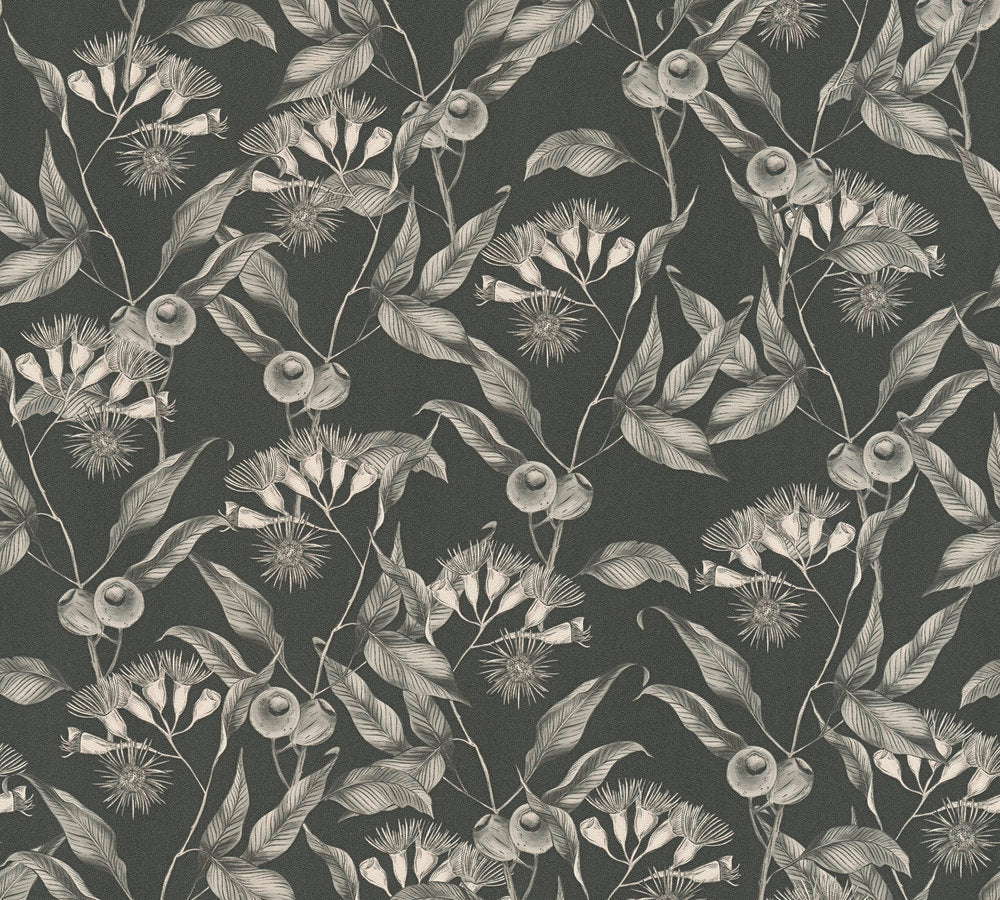 Drawn Into Nature - Leaves & Flowers botanical wallpaper AS Creation Roll Black  394302