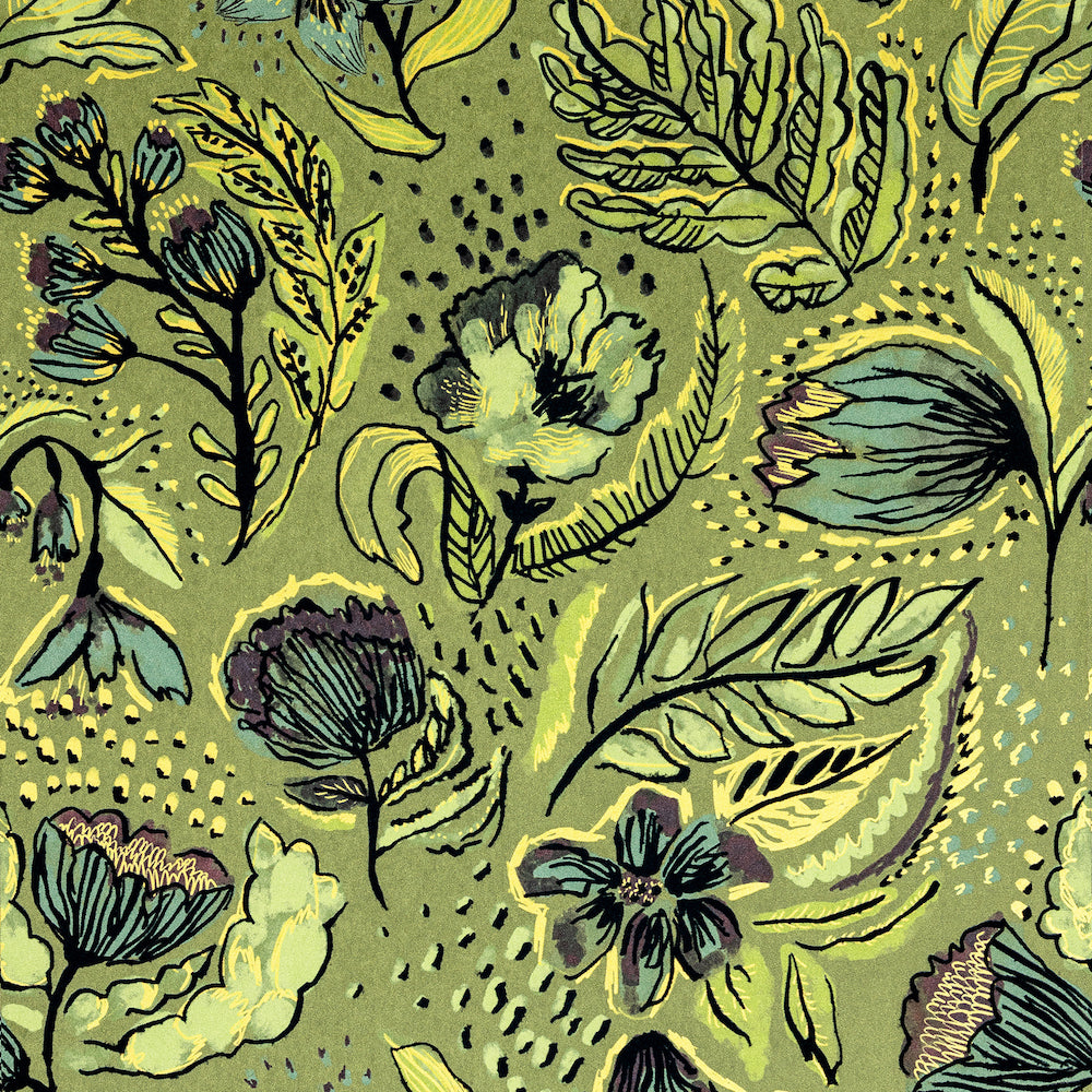 Salt & Pepper - Felice Flock botanical wallpaper Hohenberger Roll Green  81330