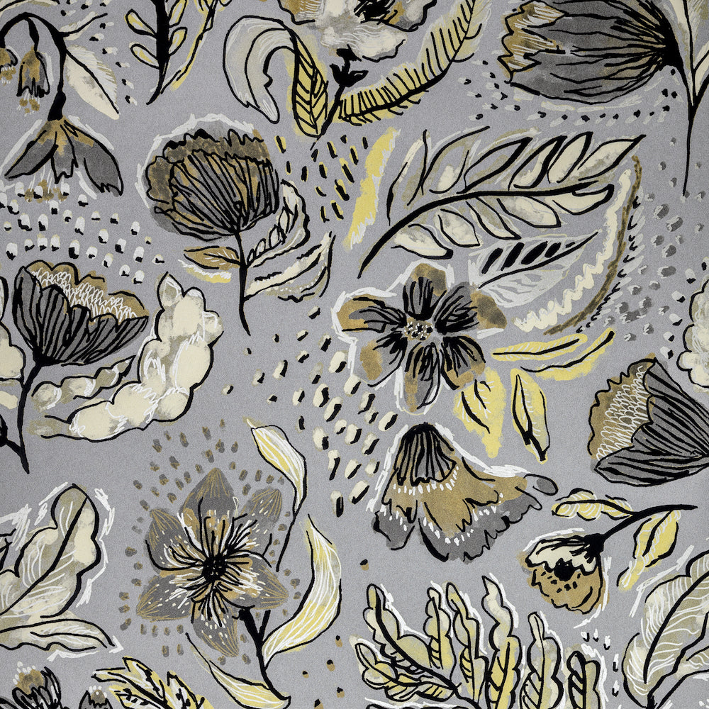 Salt & Pepper - Felice Flock botanical wallpaper Hohenberger Roll Grey/Yellow  81333